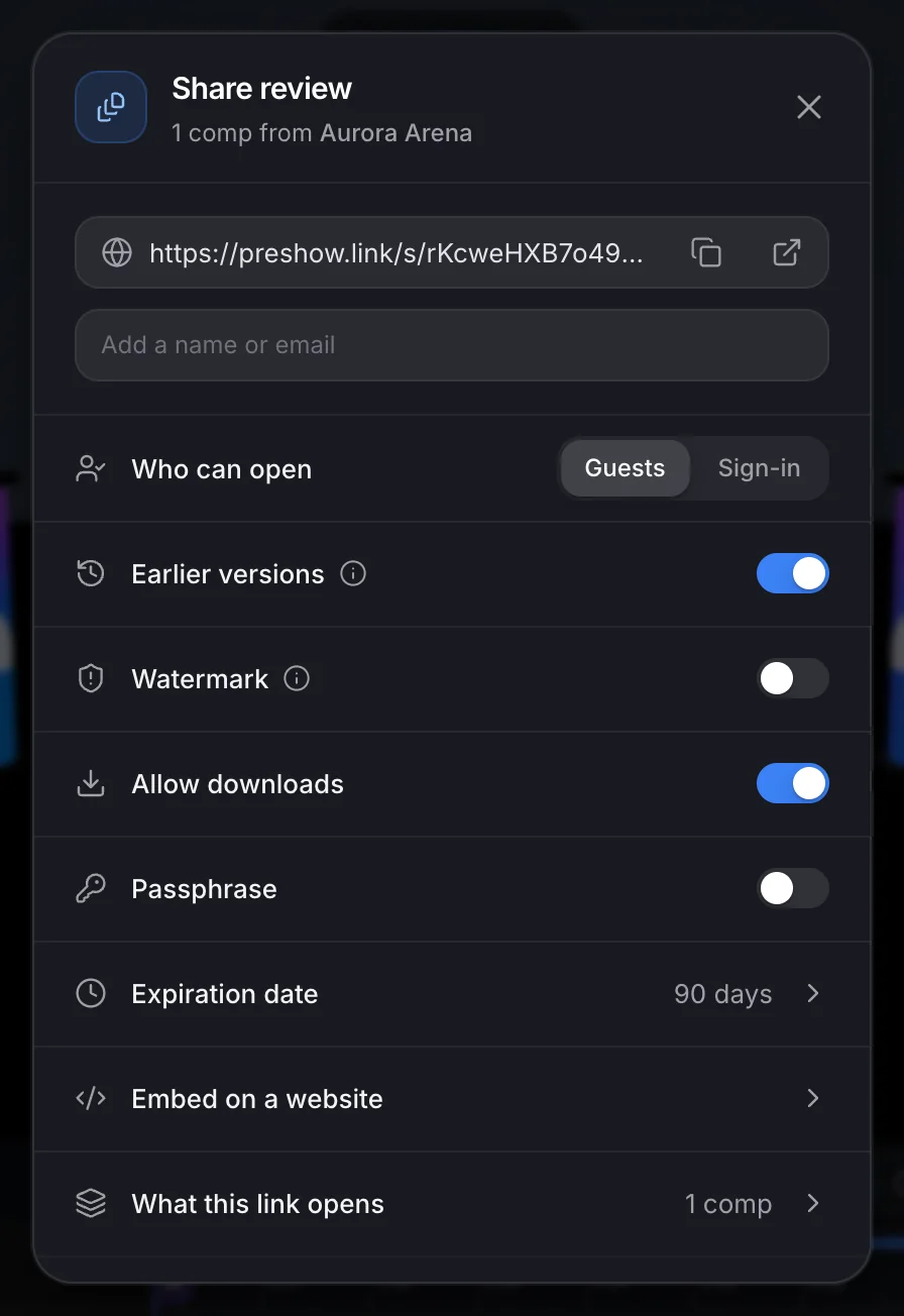 The share dialog with the link’s access options.