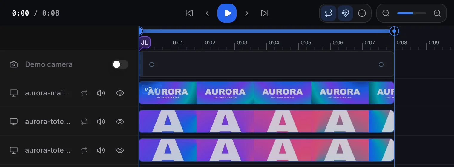 The timeline with a track per mapped screen.