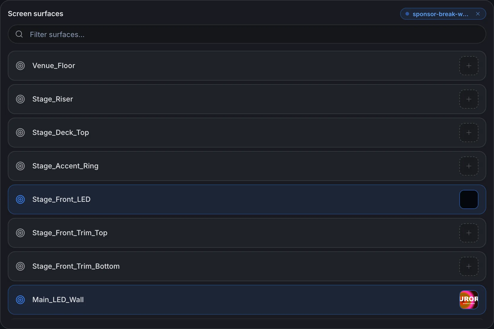 The comp wizard: screen surfaces on the left, the content palette on the right.