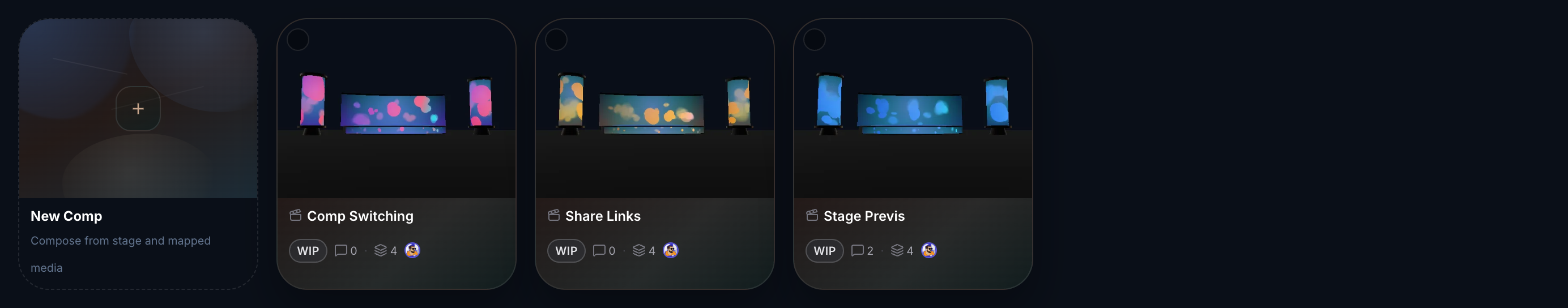Comps browser with three compositions and their thumbnails.