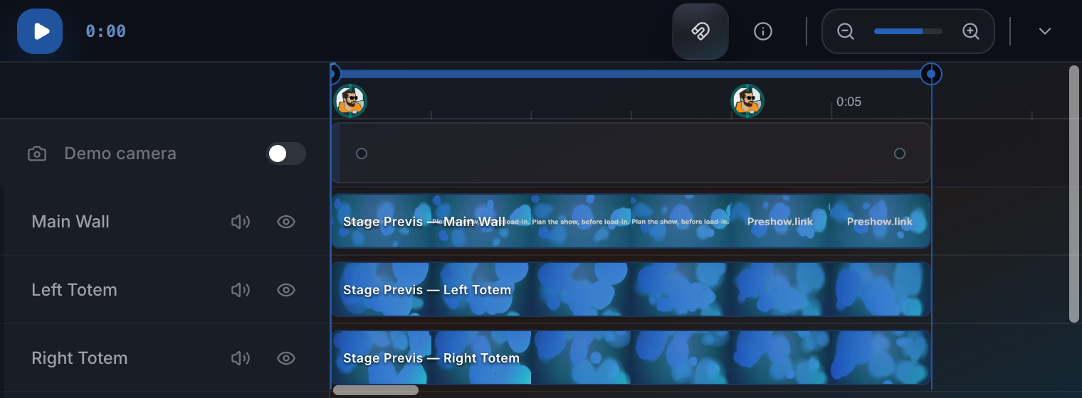 Timeline with one track per mapped surface and clips as filmstrips.