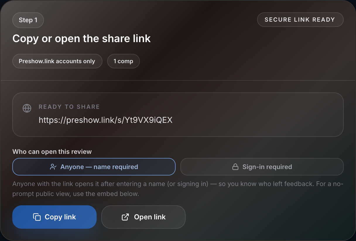 Share panel with a review link and access options.